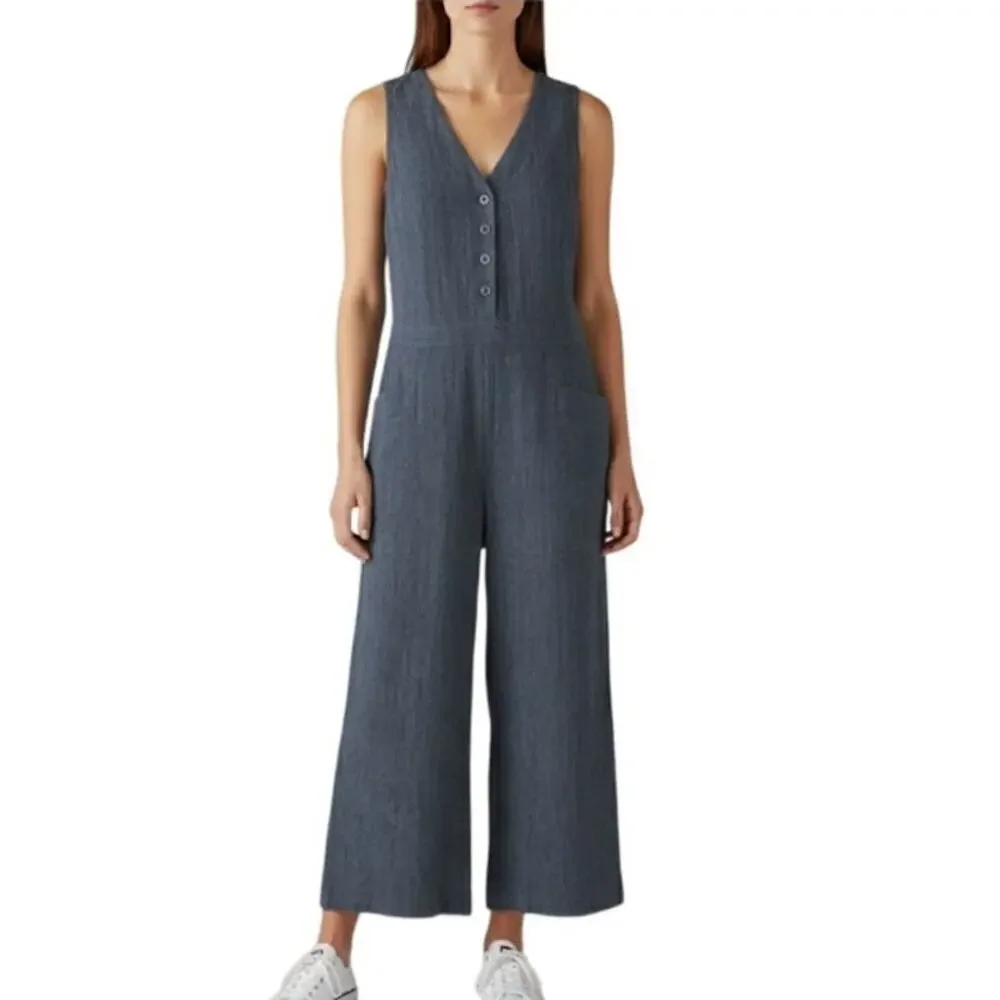 POETRY Dark Indigo Linen Blend Cropped Wide Leg Jumpsuit US 8 - Picture 12 of 12